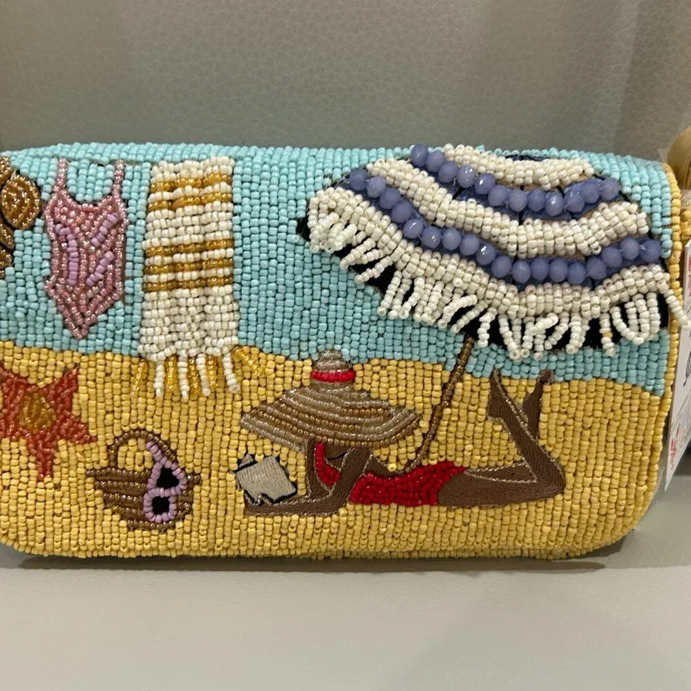 Handcrafted in India Beach Scene Fringed Umbrella Sunbather Girl Towel Ocean NWT